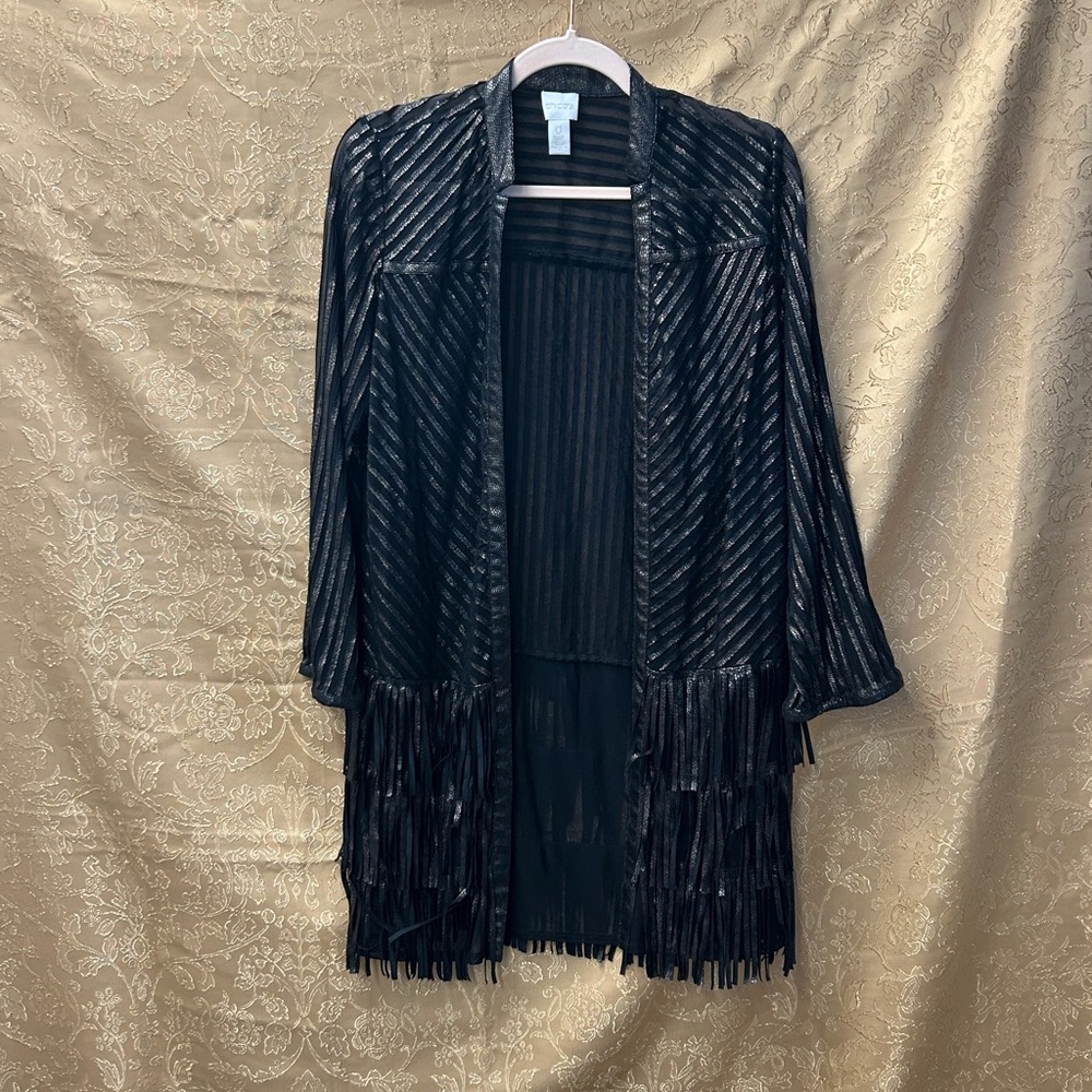 Chico's Black Metallic Striped Fringe Duster